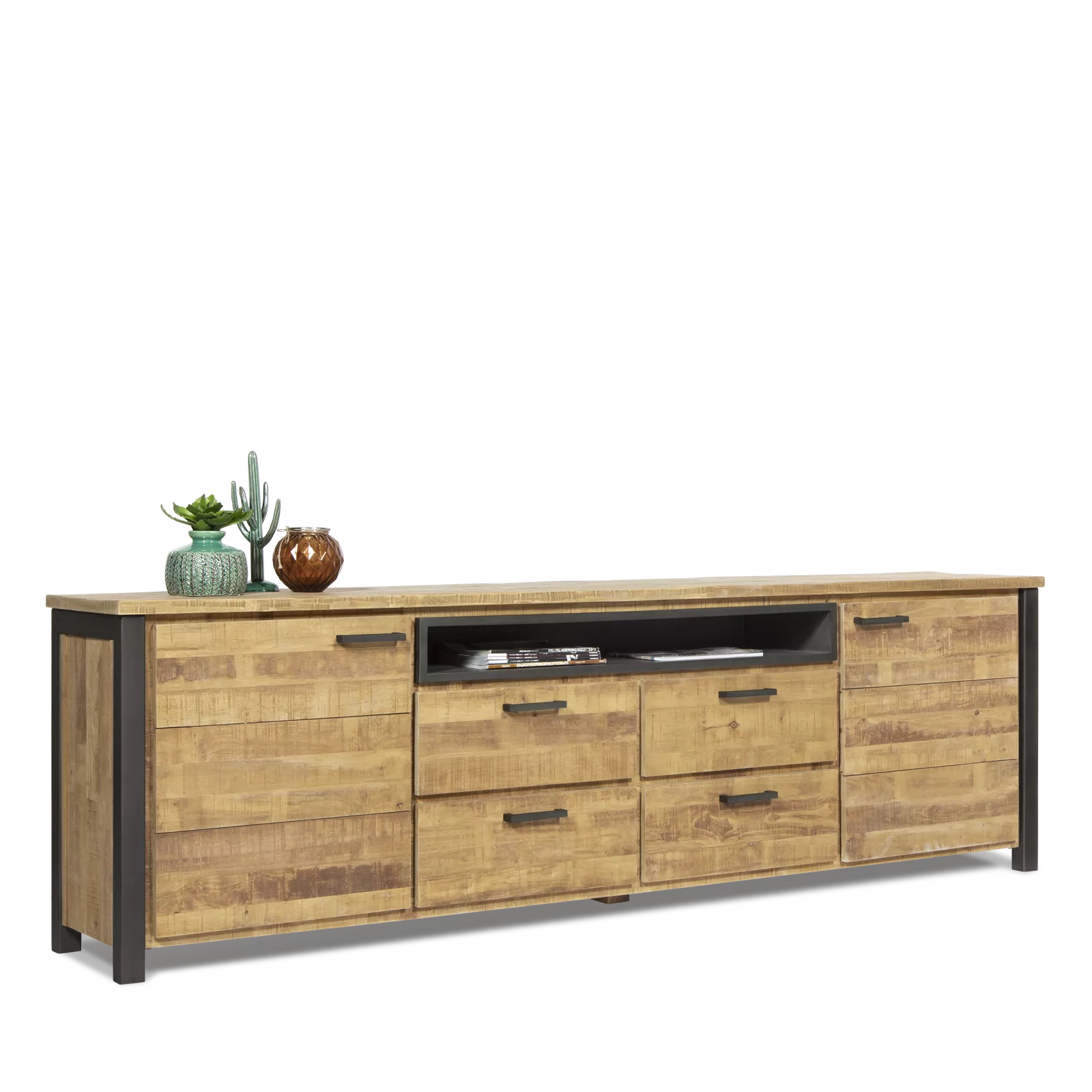 TV dressoir (hoog - 240cm) Steelwood - Seasoned Brown/Metaal Zwart