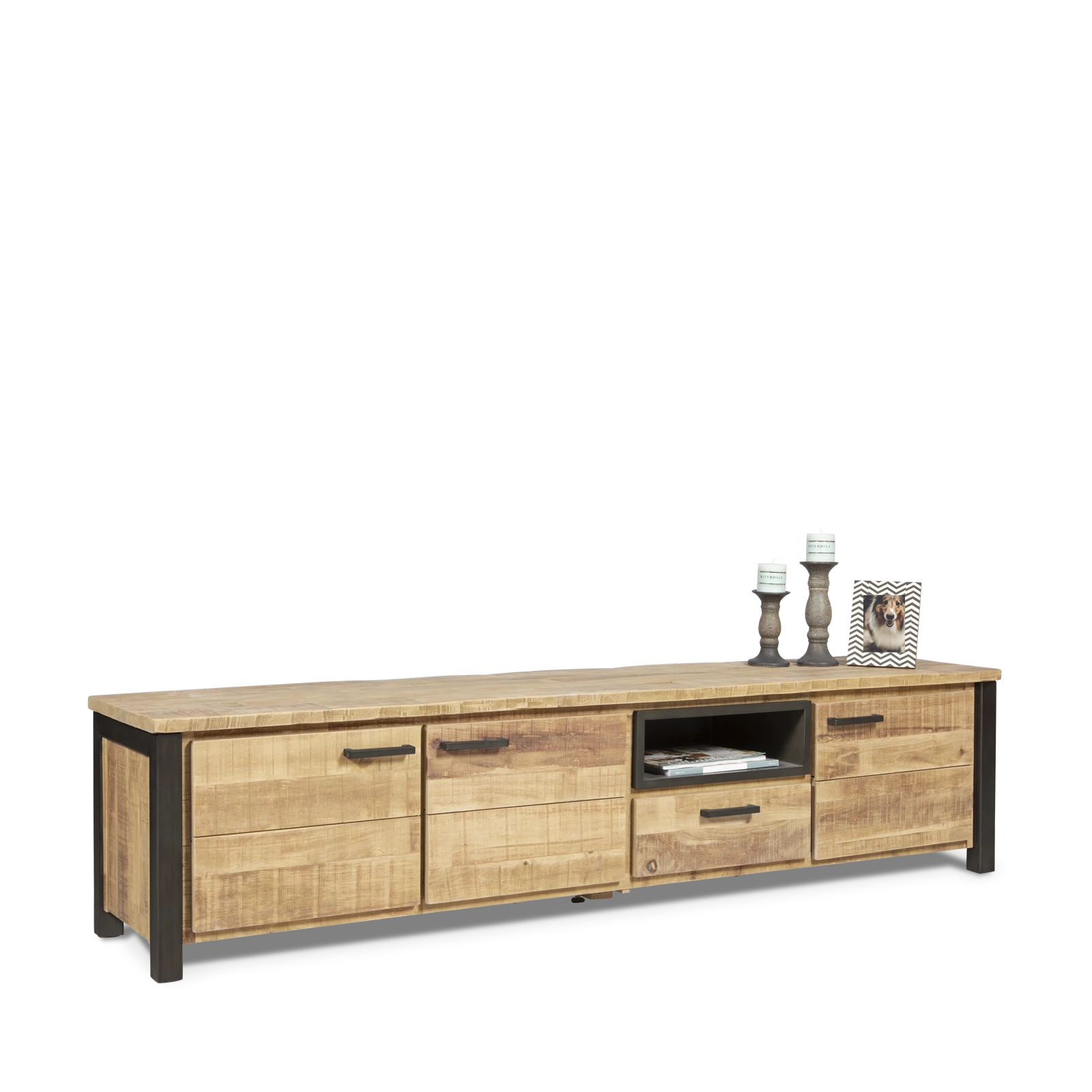 Tv meubel (210cm - 3 deuren) Steelwood - Seasoned Brown/Metaal Zwart